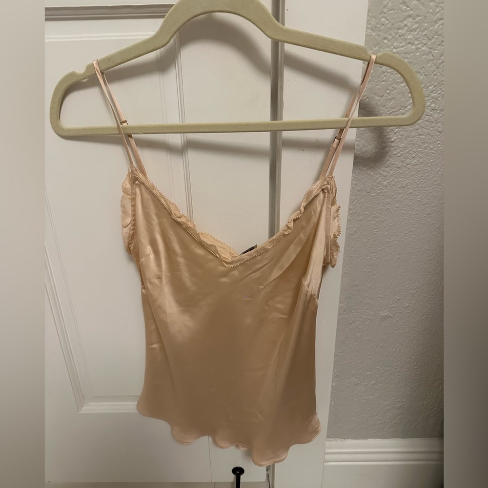 Aritzia satin blouse with small ruffle detailing. Color soft pink blush